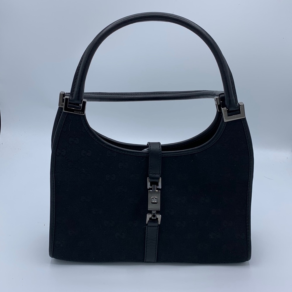 Vintage Gucci Bardot. Black canvas 10”W x 8”H x 3”D strap drop 6.5”
